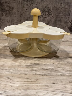 Vtg GEMCO Lazy Susan Condiment Server Rotating Base Clear Glass White Top