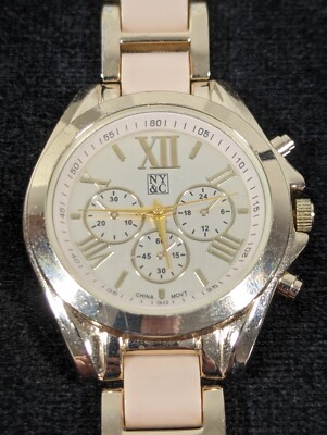 NYC Gold Tone Dial Round Case Pink Link Bracelet Band Watch 7 Inch