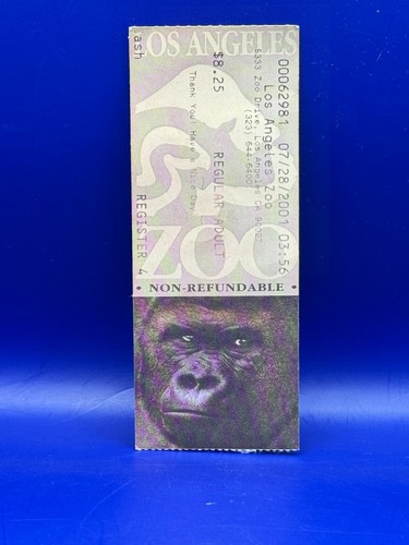 KEINE RESERVIERUNG! Vintage Los Angeles Zoo Ticket Stub Gorilla 2001 Top Zustand
