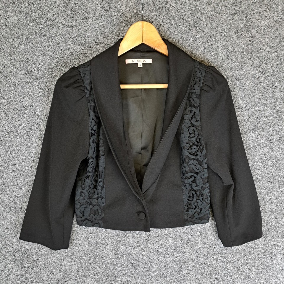 Review Womens Blazer Jacket Size 10 Black Lace Trim Formal Event Occasion