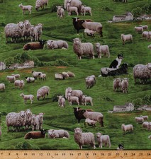 Farm Animals Sheep Dogs Collies Field Scenic Cotton Fabric Print by Yard D586.40