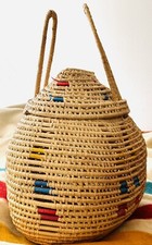 Woven Straw Basket Handles Lid Raffia Stripes Large 19  X 16  Southwestern BOHO