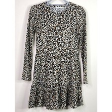 Zara Tiered Ruffle Mini Dress Womens S Leopard Animal Rib Knit Long Sleeve