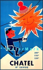 Chatel 1950 Haute Savoie France Vintage Poster Print French Winter Sports Advert