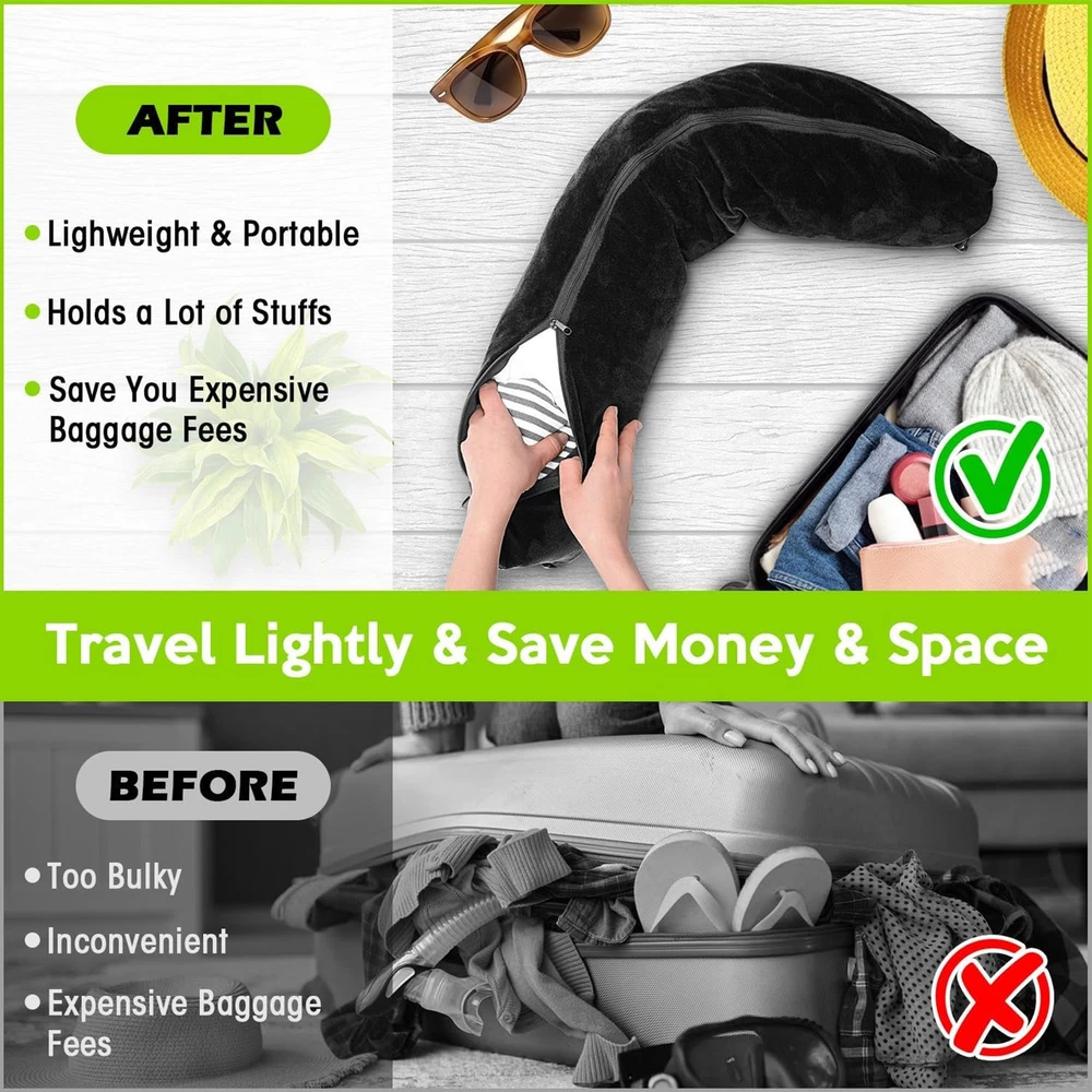Travel Pillow for Extra Luggage: Stuffable Neck Pillow with Adjustable Neck Size