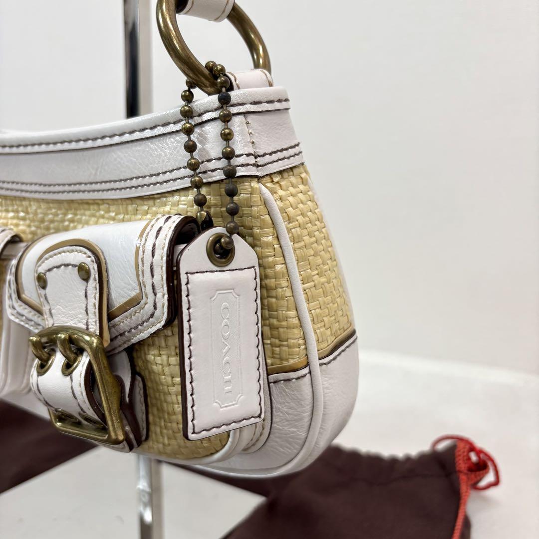 COACH Legacy Raffia Satchel Pocket Bag Hand Bag White Used