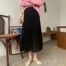 Womens Lady Einfarbig Lang Rock Kleid Hoch Gummibund Plissiert Zigeuner Freizeit