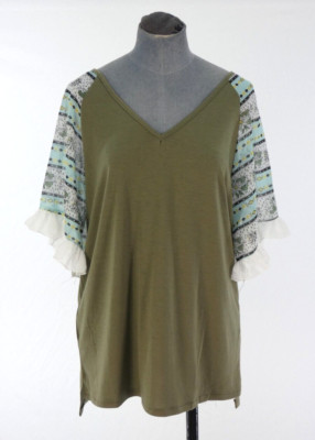 Ausgefallenes T Shirt Khaki Rüschen Chiffon Kontrast Ärmel Boho Loose Fit Gr. M