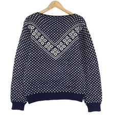 Nordic Vintage Fair Isle Pullover Blue Round Neck Long Sleeve Wool Qv0 Size M
