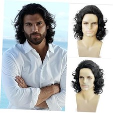 Long Curly Wig for Men, Natural Wavy 70s 80s Rocker Costume Wig with Black