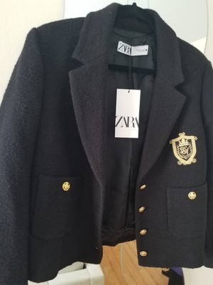 NWT Zara black boucle blaser with gold monogram XL