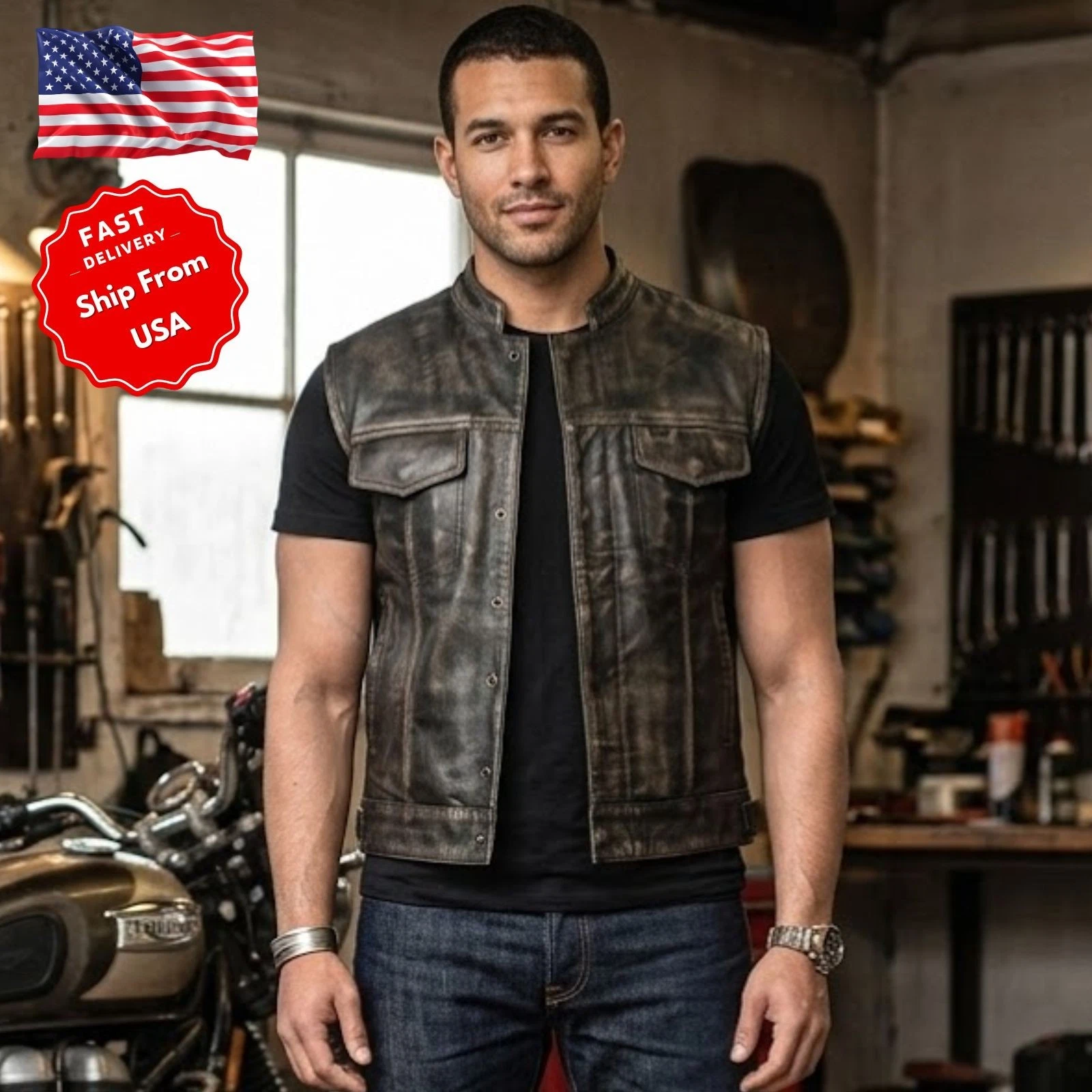 Motorcycle Vest with Multiple Pockets and Lining Men's Premium Leather XXS-7XL