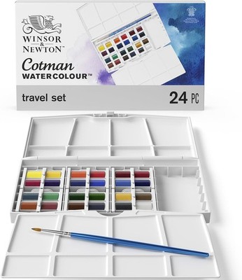 Winsor & Newton Cotman Watercolor Semi-Gloss Paint TRAVEL Set ~ 24 Half Pans