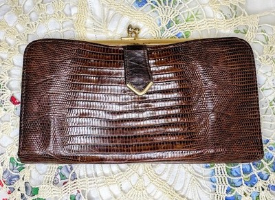 Vtg Alligator Lizard Ladies Wallet, Saratoga Trio Kiss lock leather coin purse