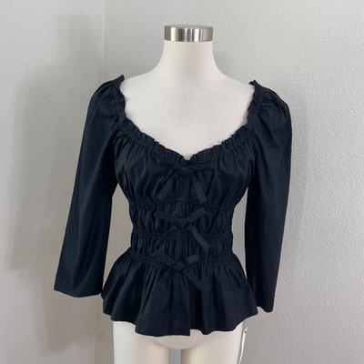 NEW Reformation Womens 12 Lauryn Top Black Organic Cotton Blend Puff Sleeve