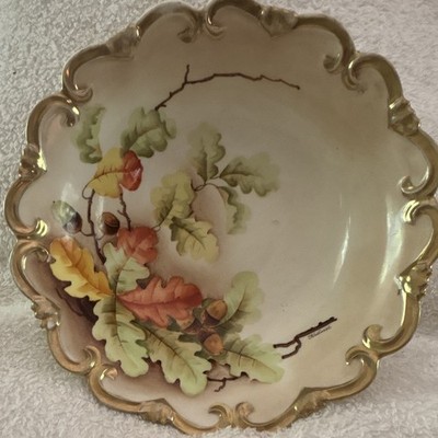 Vienna Hand Painted Porcelain Bowl Autumn Leaves Acorns Gold Rim 9 in