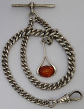 Antique solid silver pocket watch albertina albert chain w/  silver & amber fob