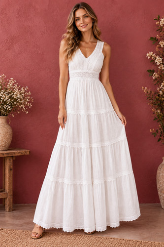 Women's White Lace Trim Tiered Maxi Dress V-Neck Sleeveless Cotton Sundress
