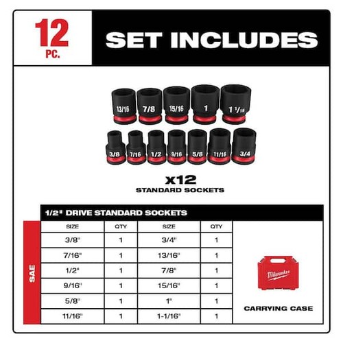 Milwaukee 1/2" 6-point Standard SAE Deep Drive Impact Socket Adapter Case Set - Picture 3 of 9