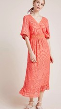 FARM RIO Anthropologie Devore Coral Lace Maxi Dress Size Small Burn Out Orange