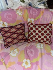 Vtg Pair Throw Pillows Needlepoint Cross Stitch Velvet Zip Red Blue Geometric