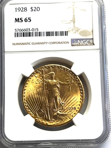 1928 GOLD US $20 DOLLAR SAINT GAUDENS COIN PCGS MINT STATE 65