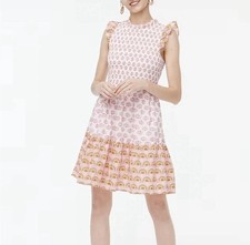J.Crew Factory Smocked Ruffle Sleeve Dress Womens M Pink Block Print Mini