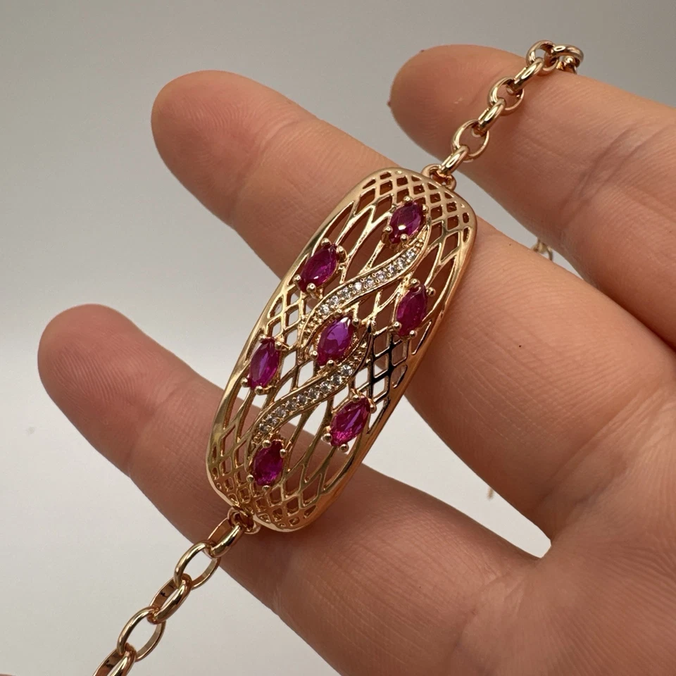 14CT Rolled Gold Ruby Filigree Lattice Bracelet Hallmarked 585RG Gift For Her - Image 3 of 4