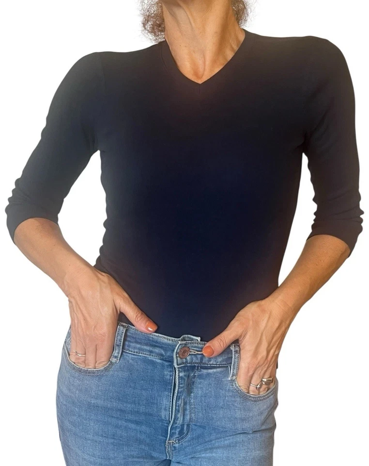 CAMISETA MUJER 3 TRES PUNTOS TOP MANGA 3/4 AZUL MARINO CUELLO EN V ALGODÓN AJUSTADA XS Foto 4 de 4