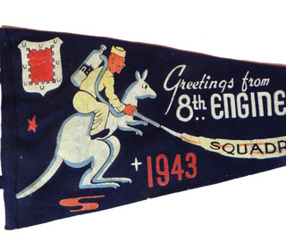 WWII 8th ENGINNERS ANTI AXIS Felt Pennant: ENGINEER w FLAMETHROWER On KANGAROO!