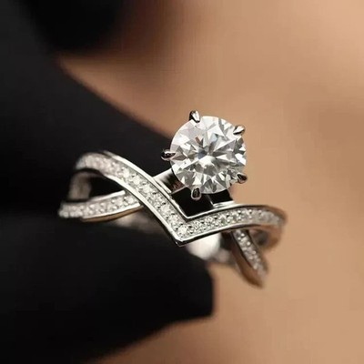2.10 CTW Round Cut Moissanite Twisted Band Engagement Ring 14K White Gold Plated