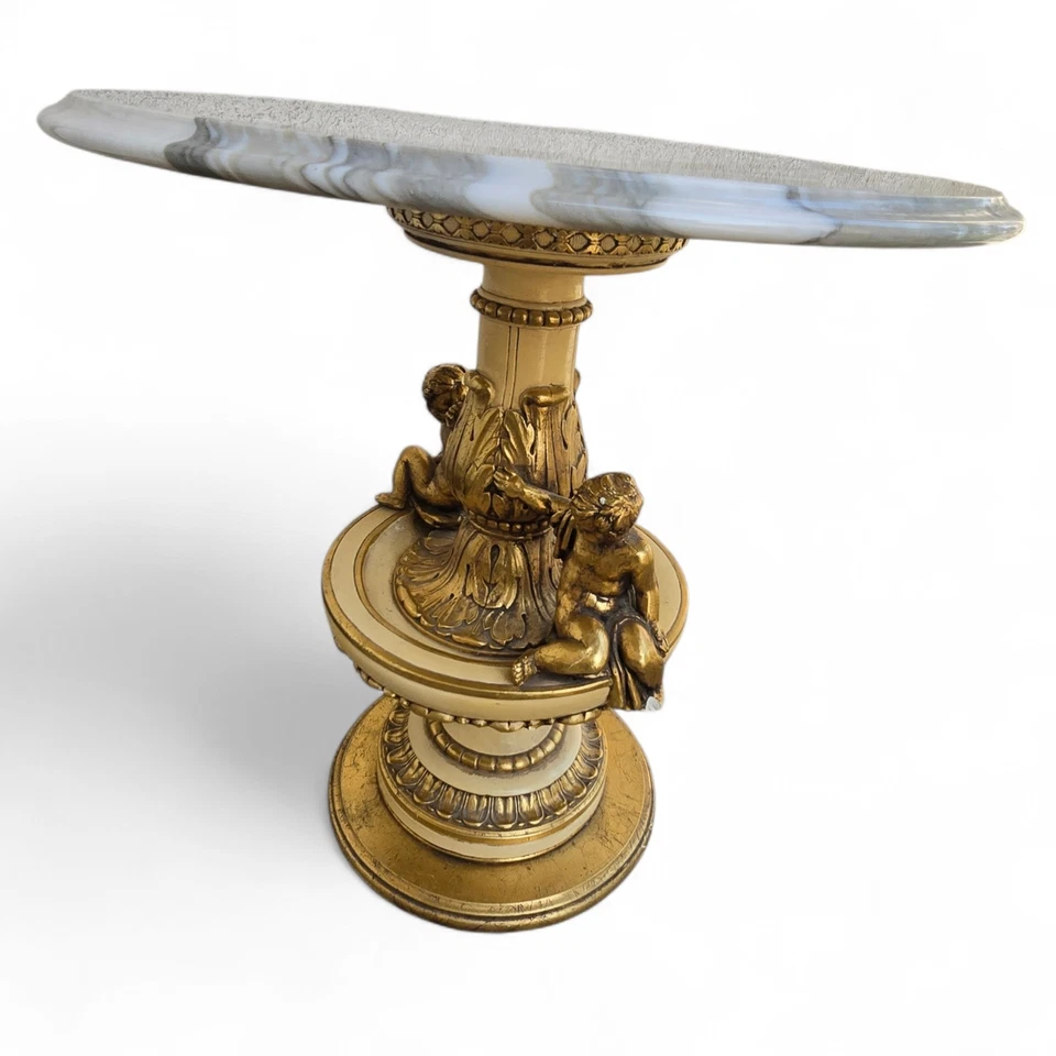 Vintage 1968 Fuggiti Studios Marble Top Cherub Table Hollywood Regency Gilt  - Image 4 of 4