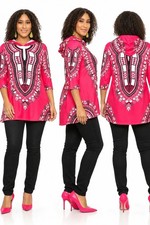 African Print Pink Dashiki Tunic With Hood Stretchy Polyester Spandex Blend Wome