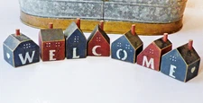 Vintage Wood Blocks Stenciled Houses WELCOME ~ Country Farmhouse Decor Rustic