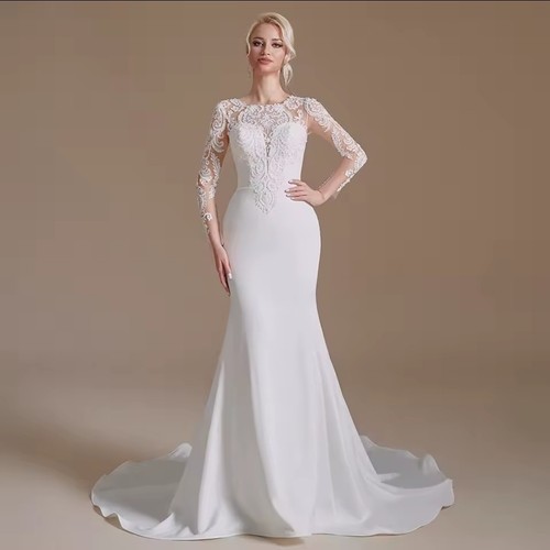 UK Mermaid Long Sleeve Bridal Satin Court Train Beaded Wedding Dresses Size 6-18 - Picture 1 of 4