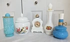 Avon 5 EMPTY BOTTLE decanter White blue MILK GLASS lot vintage vase ginger jar
