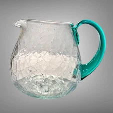 Vintage Blenko Green  Handle Crackle Blown Art Glass Pitcher 7” Tall