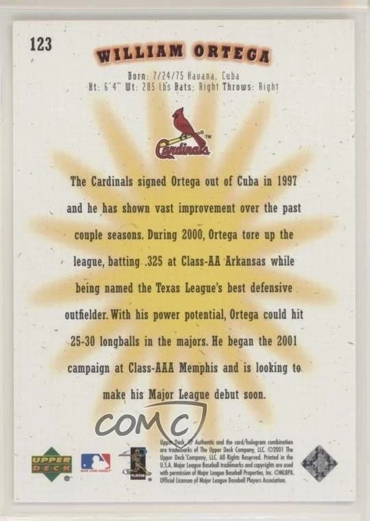 2001 SP Authentic Future Watch /1250 William Ortega #123 Rookie RC - Image 2 of 2