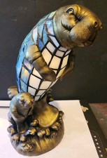 Lámpara de arte vintage de 11" color bronce vitral azul manatí y bebé