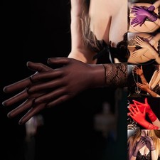 Seamless Short Sheer Gloves Transparent Mesh Lace Finger Mittens for Women