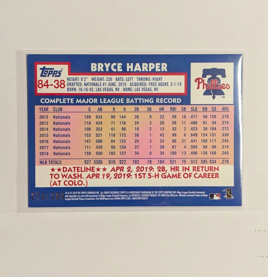 Bryce Harper 2019 Topps Update 1984 35th Anniversary Black /299 Phillies #84-38 - Image 4 of 4