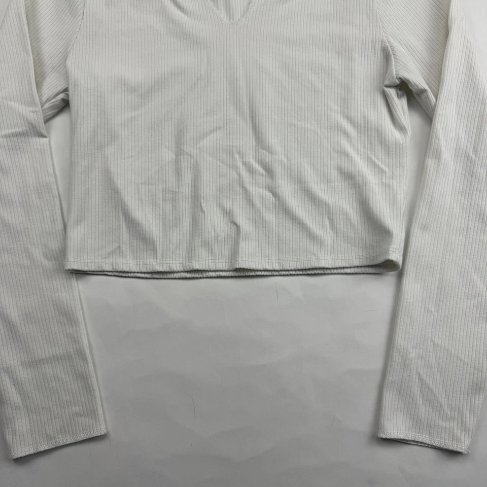 ALYA Blanco Recortado Manga Larga Top Acanalado Cuello Dividido Camiseta Top Blusa Talla L Foto 4 de 4