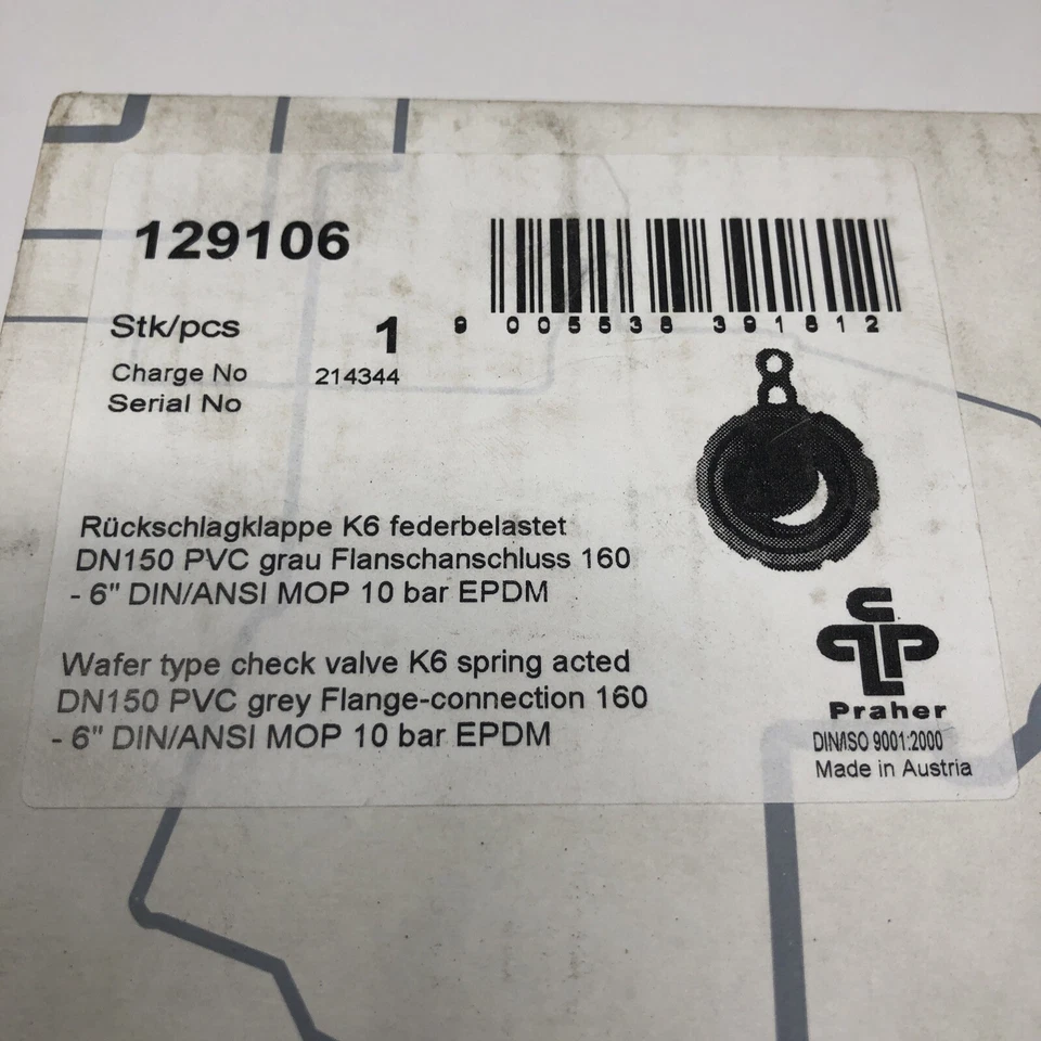 NEW Praher 129106 Wafer Check Valve K6 Spring DN150 PVC 160 - 6" DIN 10bar - Image 2 of 2