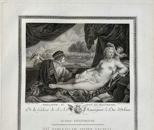Filippo II e la sua maîtres, origine. Incisione su rame 1786 secondo del TIZIANO - Imagen 5 de 12