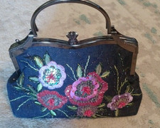 Vendula London Blue Pink Purple  Embroidered & Beaded Purse Top Handle No Strap