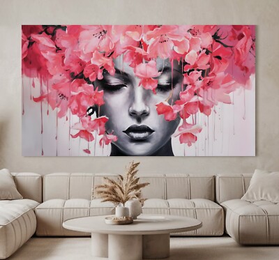 XL LEINWAND BILD ER BIS 165x90x5 GESICHT FRAU ROSA BLUMEN BLÜTEN GEMÄLDE NATUR