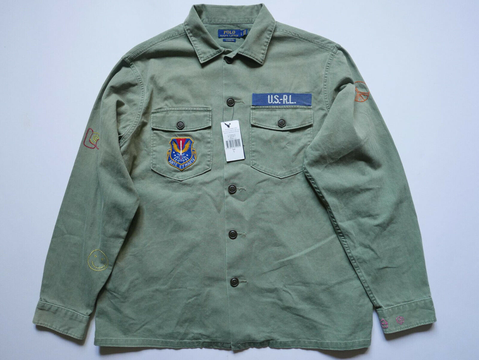 Polo Ralph Lauren Jacket Overshirt Military Peace Love Patches Embroidered  M L