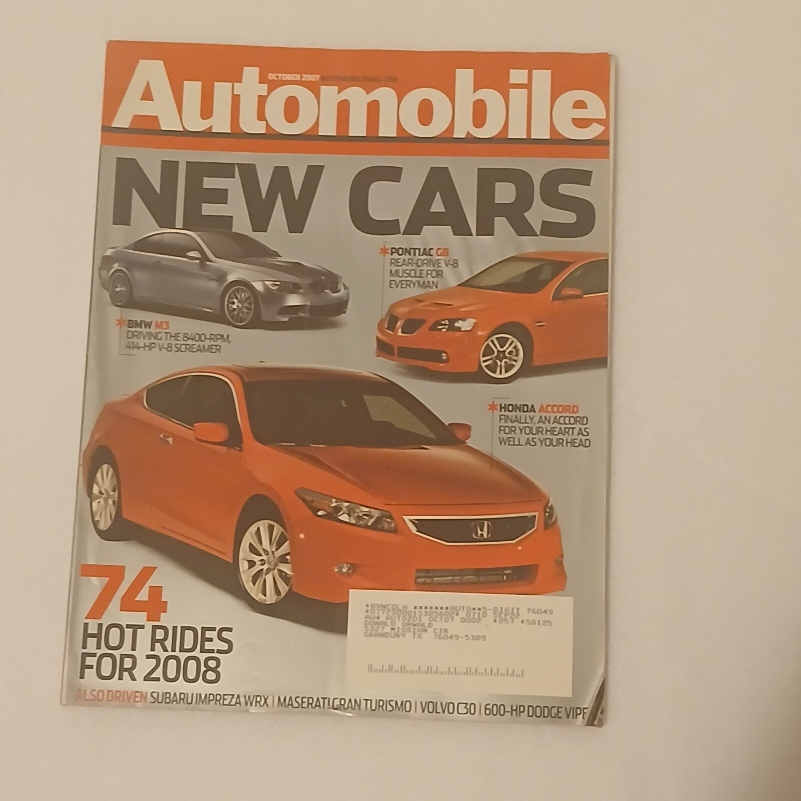 Automobile Magazine October 2007 New cars for 2008 BMW M3, Dodge Viper