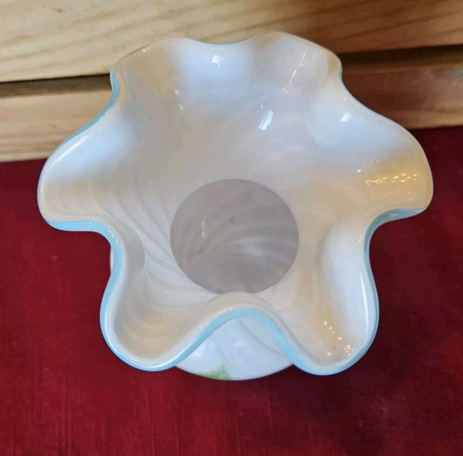 Fenton For Teleflora Ruffle Top Hand Painted Floral Rose Hand Blown Vase