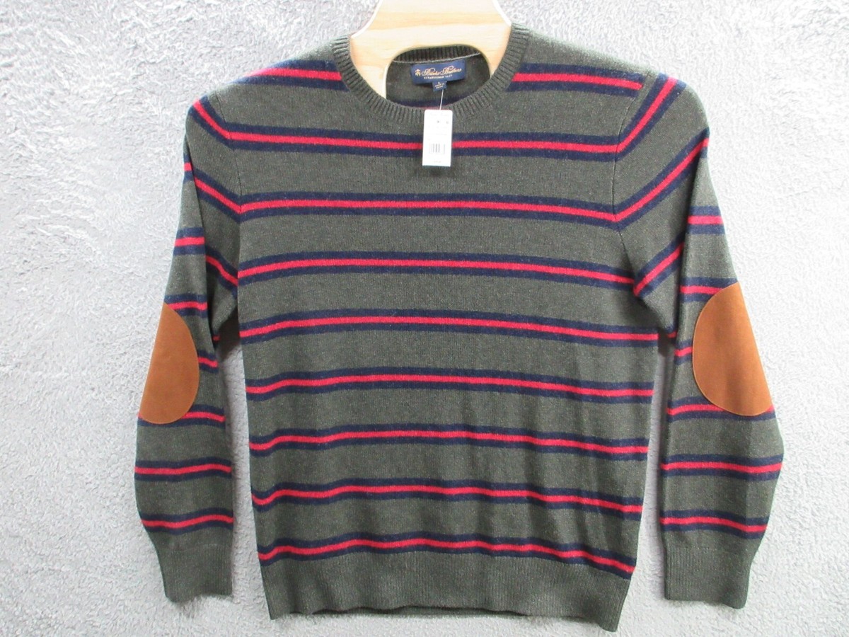 NWT Brooks Brothers Lambswool Crewneck Belt Striped Elbow Patch Sweater Sz  Large
